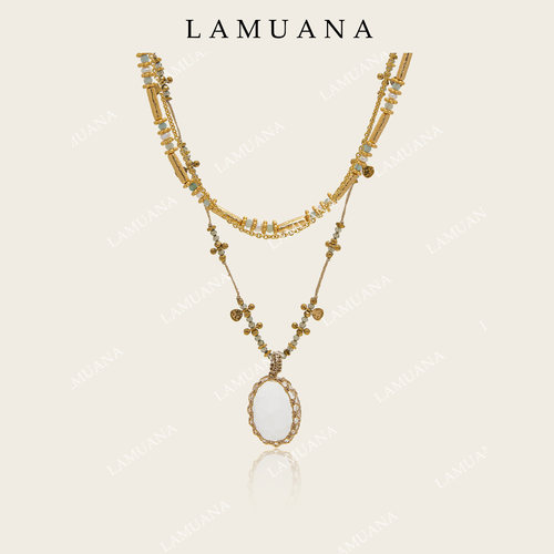 LAMUANA香槟灰绿编绳水晶项链叠戴小众复古天然石项链15432