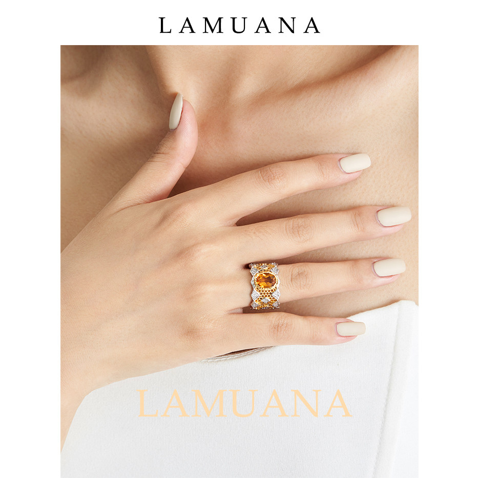 LAMUANA意大利蜂巢黄水晶系列戒指轻奢彩宝纯银戒子天然金色54304