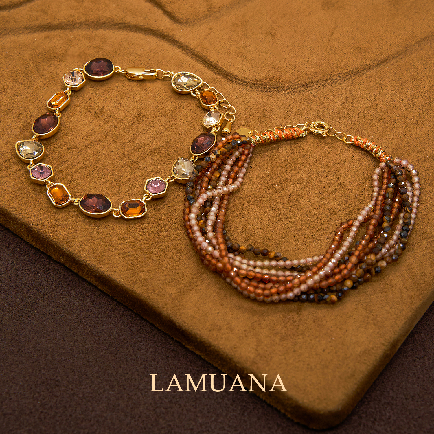 LAMUANA橘色天然锆石小串珠多层彩色宝石小众设计感叠戴手串手链