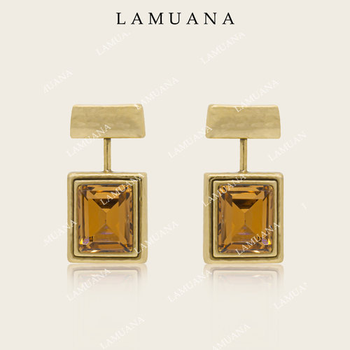 LAMUANA落日光芒耳钉小众设计感复古耳饰咖色方形耳环度假风77075