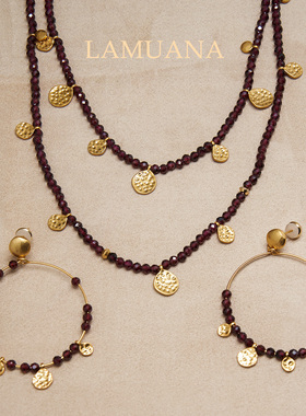 LAMUANA圆片紫石榴项链小众设计感天然石串珠颈链毛衣链多层叠戴