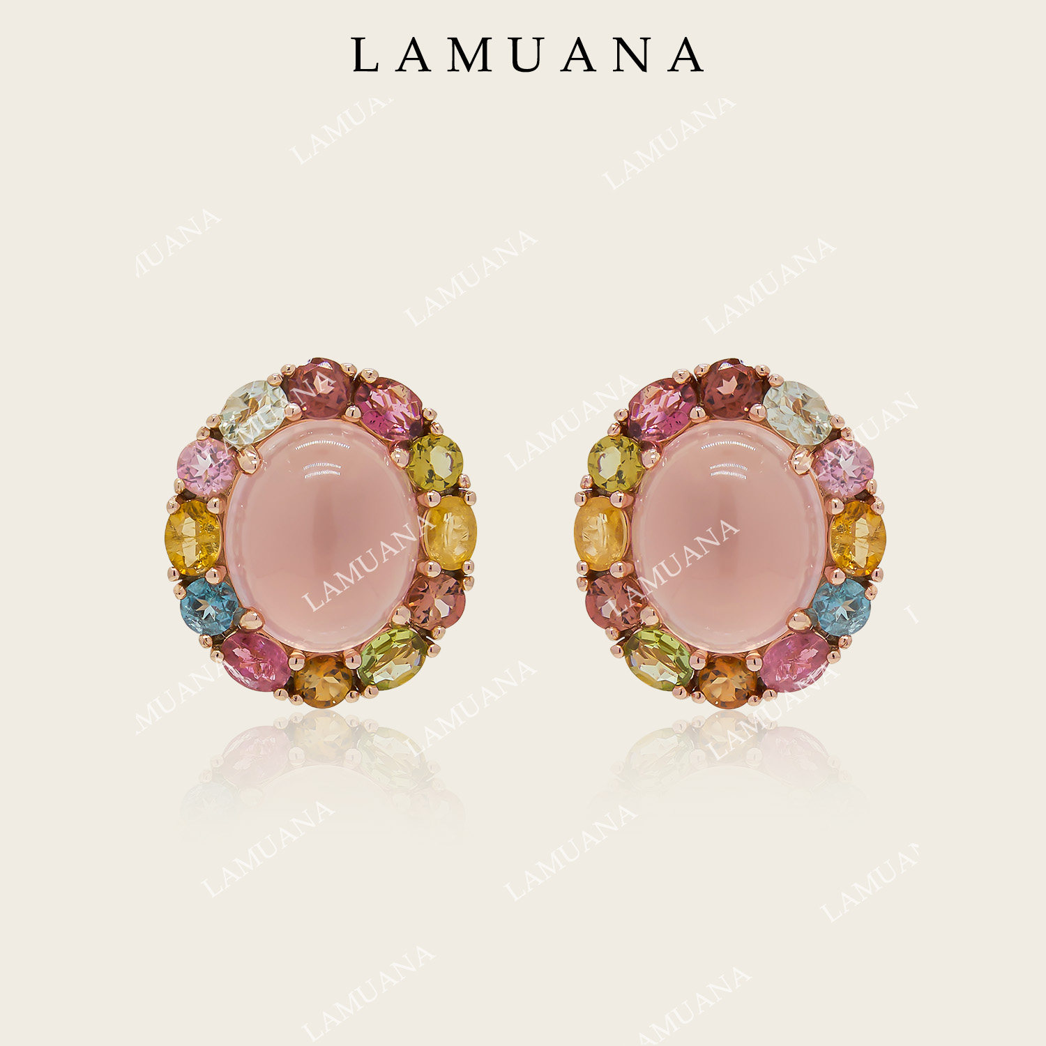 LAMUANA【天然彩宝】鸡尾酒粉水晶碧玺耳钉天然水晶s925银17122