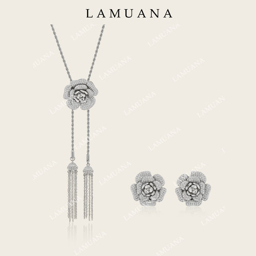 LAMUANA满钻银色玫瑰抽绳流苏长项链复古山茶花可调节耳钉套装