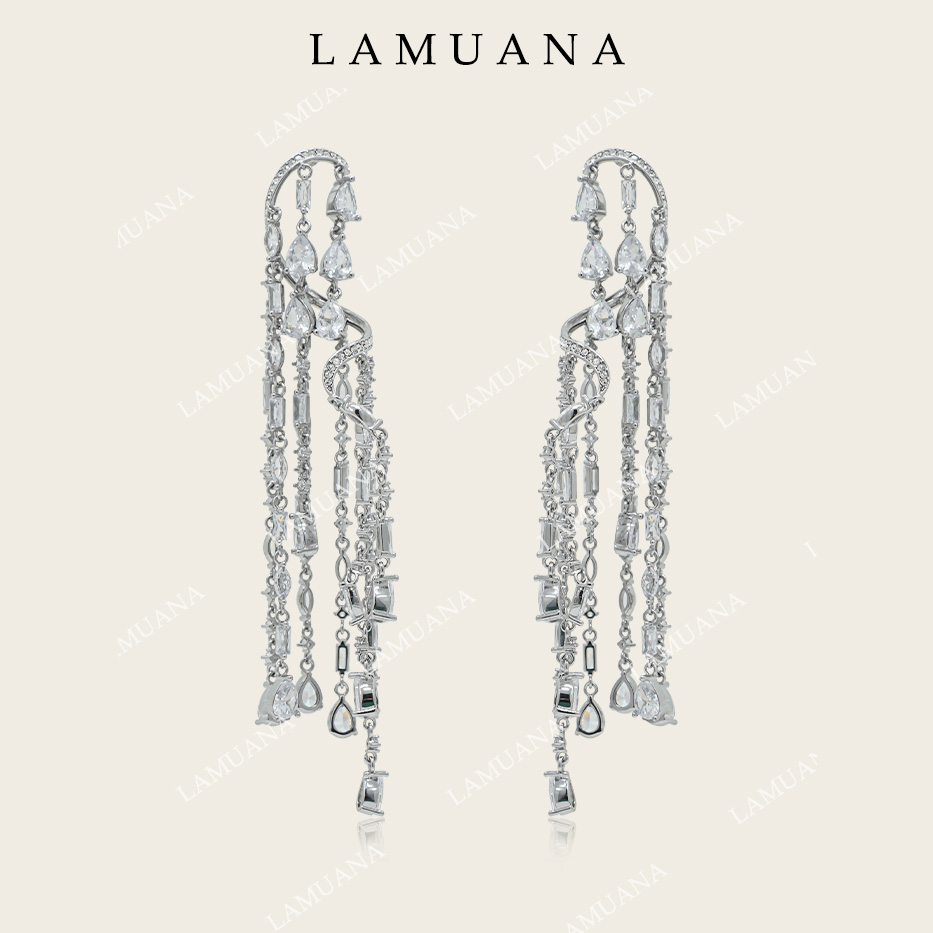 LAMUANA旋转吊灯流苏耳钉小众设计感夸张款长款礼服耳环银色78126
