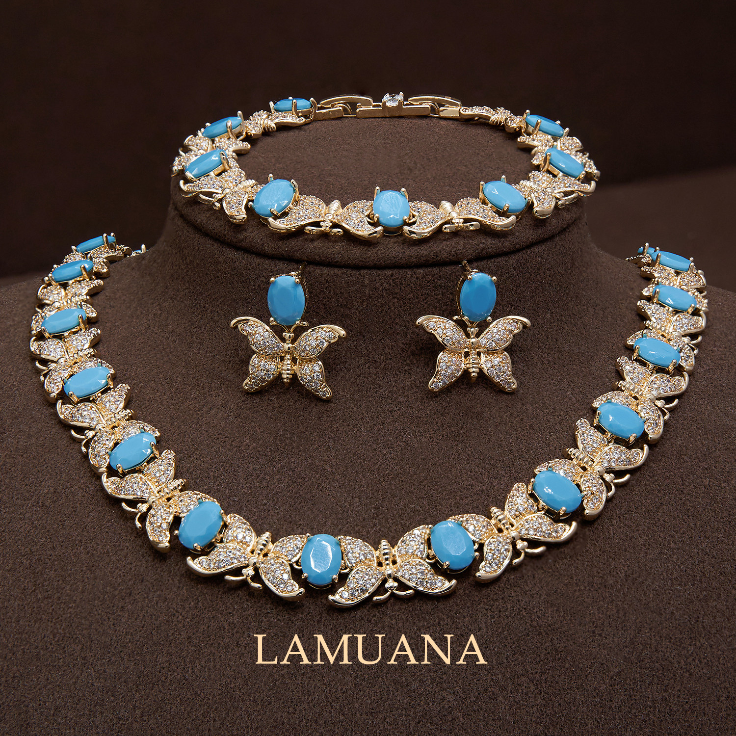 LAMUANA人工绿松蓝蝶项链复古小众设计感蓝色度假风项链手链耳环