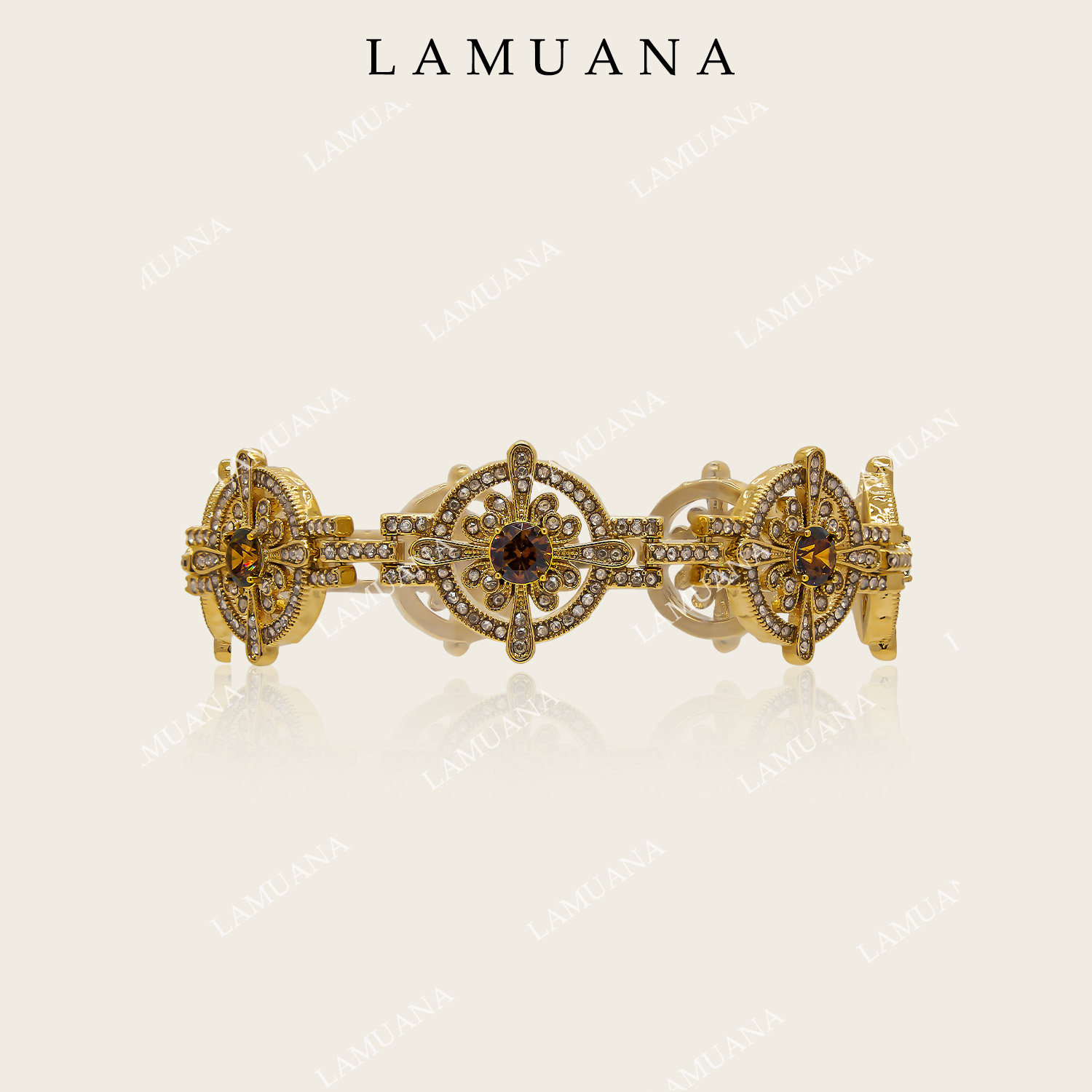 LAMUANA紫魅花盘手链高级复古重工紫钻厚镀金色手镯礼物15883