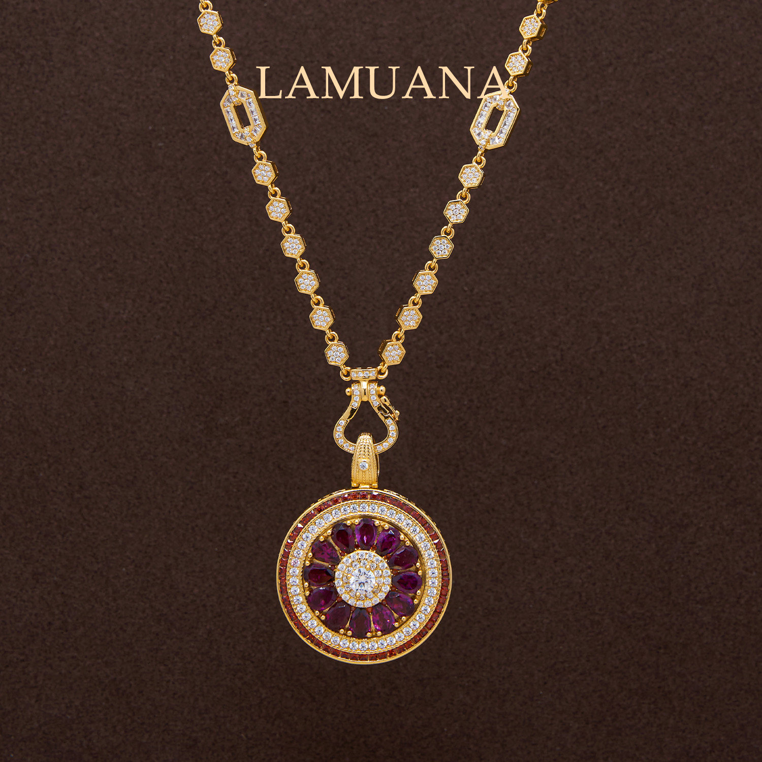 LAMUANA【轻奢彩宝】紫气东来紫石榴旋转罗盘双面金工红珐琅项链+