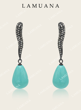LAMUANA灰线人工绿松水滴耳钉小众设计感蓝色石头长款流苏75613