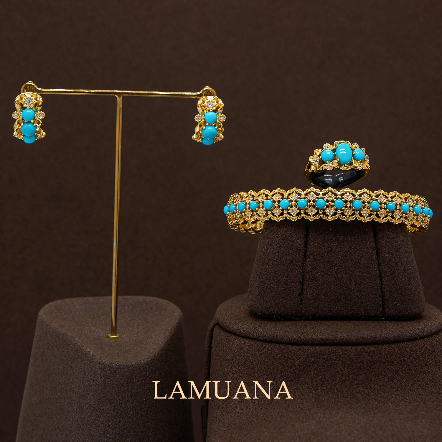 LAMUANA意式金工雕花美松系列轻奢天然绿松石银镀金手镯耳环戒指