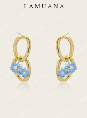 LAMUANA西部牛仔系列链扣雏菊小众原创设计感蓝色花朵耳钉84349
