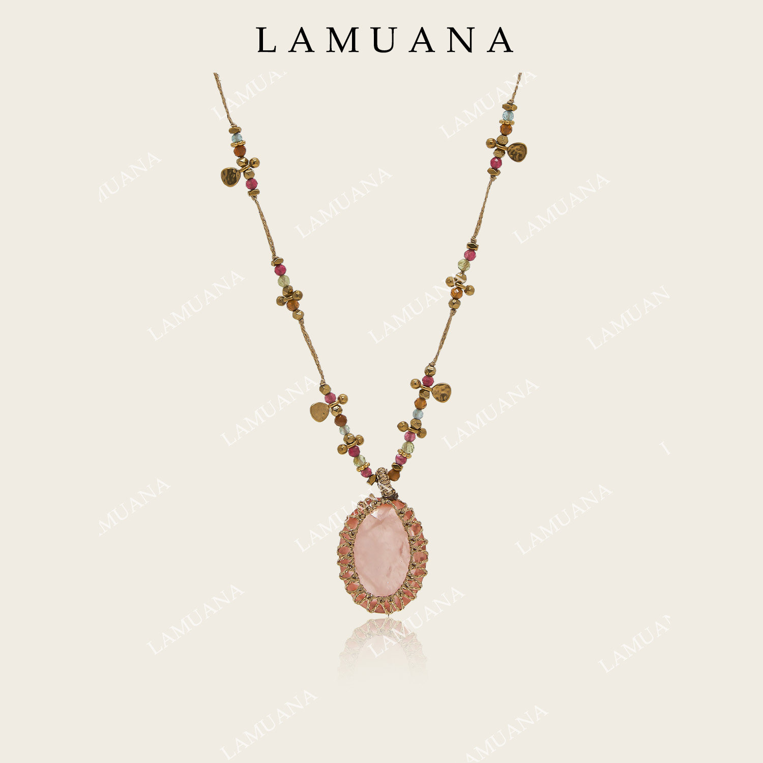 LAMUANA粉色宝石手工编绳项链小众复古天然石长款多层叠戴15104