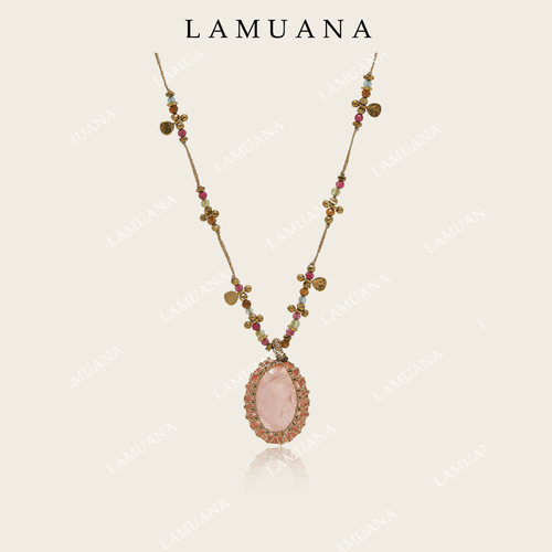 LAMUANA粉色宝石手工编绳项链小众复古天然石长款多层叠戴15104