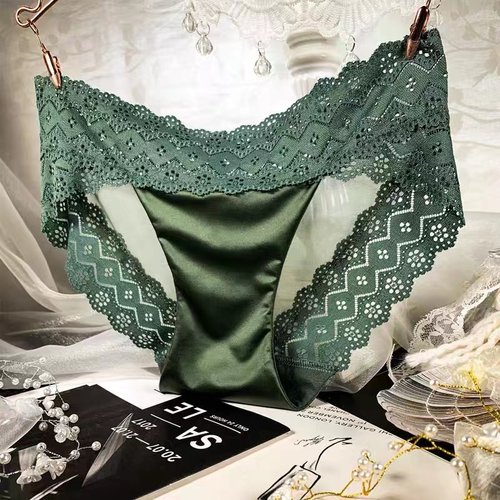 欧美性感缎面蕾丝内裤女透明诱惑网纱无痕中腰包臀光滑女士三角裤