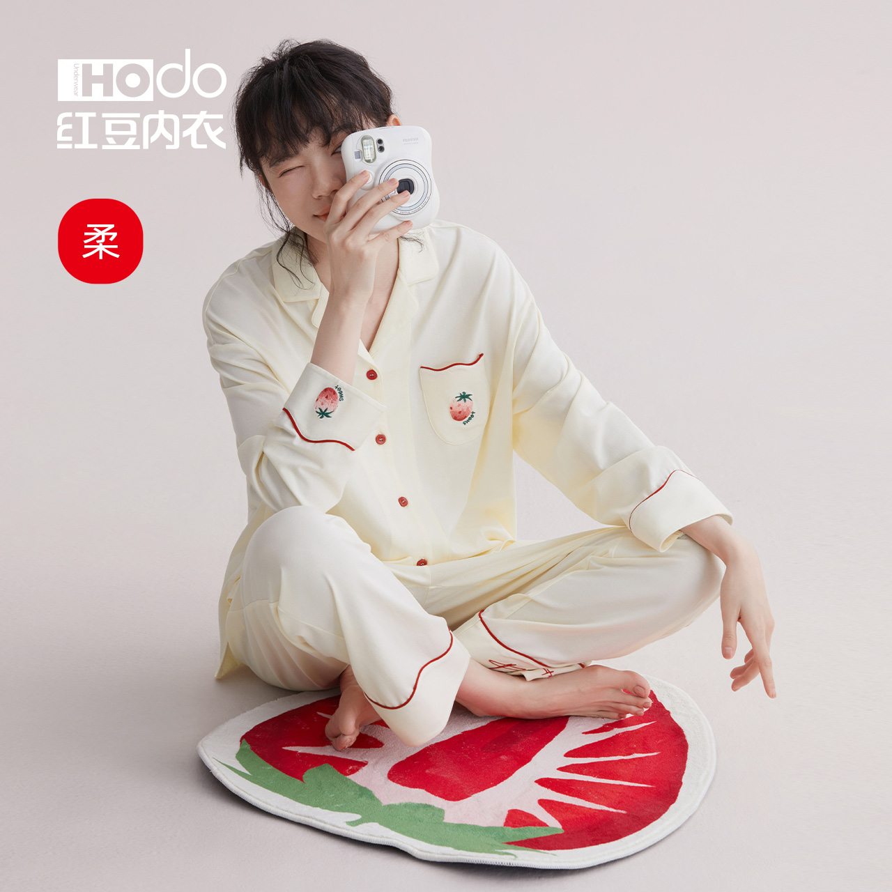 女棉睡衣红豆长袖薄款家居服