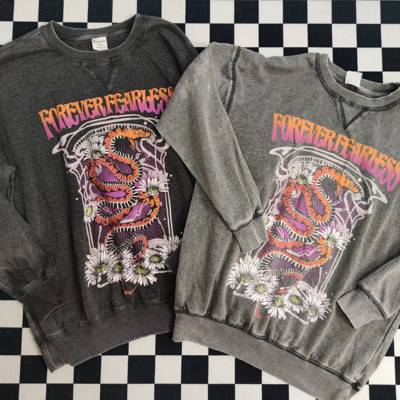 外贸原单尾货欧美复古ed风格摇滚朋克重工烟灰水洗加绒宽松卫衣