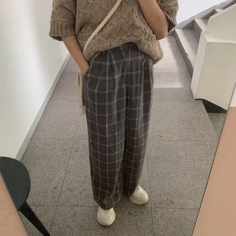 Real price autumn and winter medium thick new style casual pattern wide leg pants high waist thin and vertical straight pants student girl