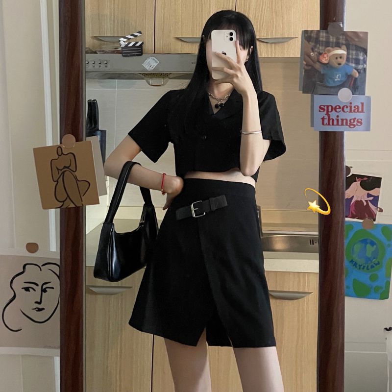 Summer Korean version sexy V-neck short shirt + high waist versatile open skirt short skirt suit