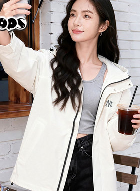 MLB白色冲锋衣新款男女装情侣运动休闲防风连帽工装外套3AWJB0161