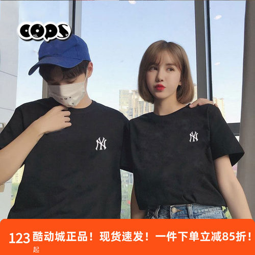 MLB黑色T恤男装NY女装小标新款运动服圆领休闲情侣短袖3ATSB0163