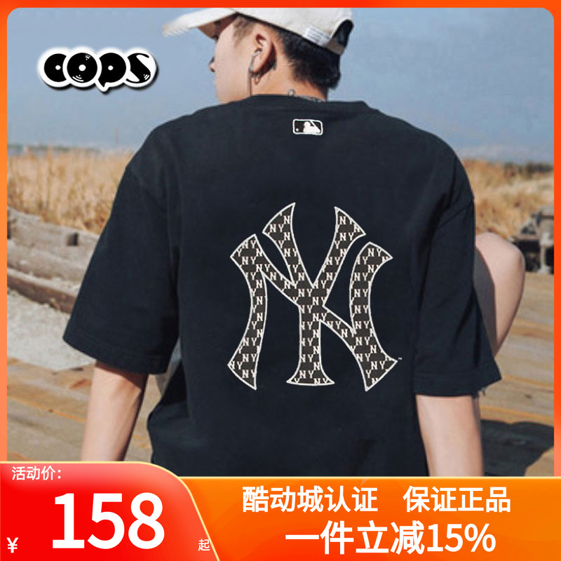 MLB黑色老花短袖男女新款NY背后大logo情侣上衣运动T恤3ATSM0653