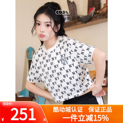 MLB短袖女子复古刺绣NY老花满印