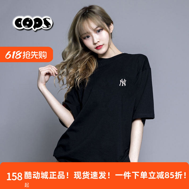MLB短袖女装NY刺绣小标新款运动服圆领休闲情侣黑色T恤3ATSB0163