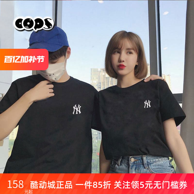 MLB黑色T恤男装NY女装小标新款运动服圆领休闲情侣短袖3ATSB0163