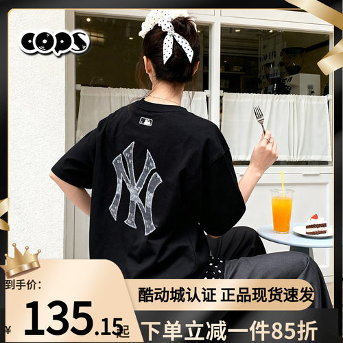 26新款MLB情侣短袖男女NY老花仿牛仔防晒UPF宽松运动T恤3ATSM0663