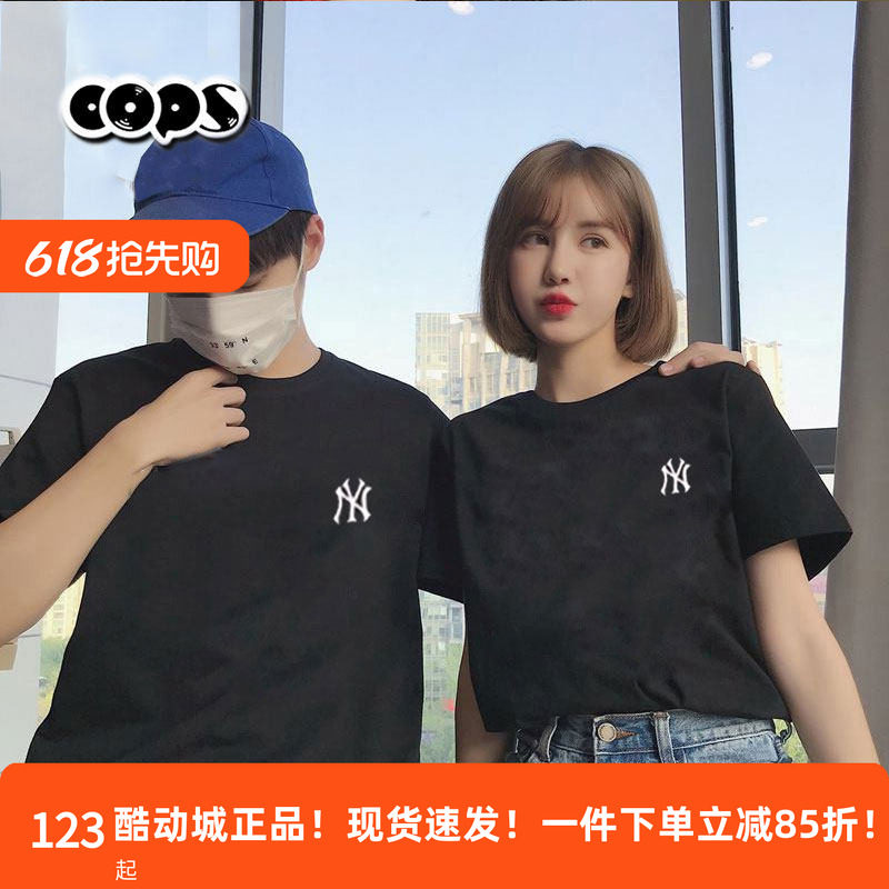 MLB黑色T恤男装NY女装小标新款运动服圆领休闲情侣短袖3ATSB0163