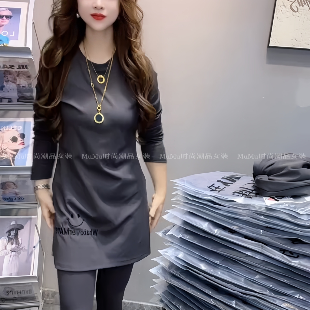 配鲨鱼裤中长款上衣女遮屁股秋季新款休闲长袖开叉笑脸刺绣t恤