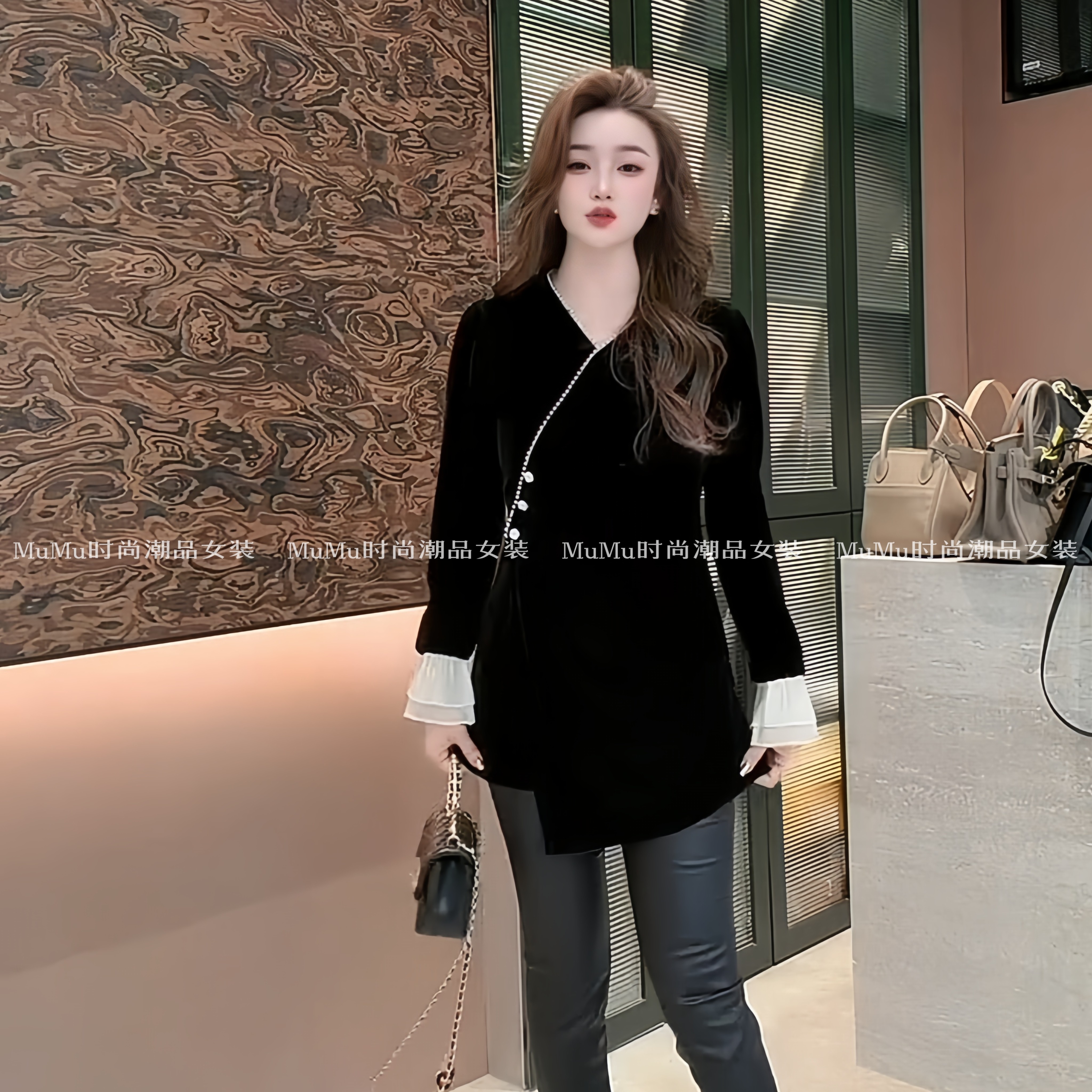 黑色丝绒上衣女秋冬新款时尚气质喇叭袖口不规则下摆中长款t恤,女装/女士精品,T恤,淘宝优惠券,粉丝福利购,淘宝优惠卷