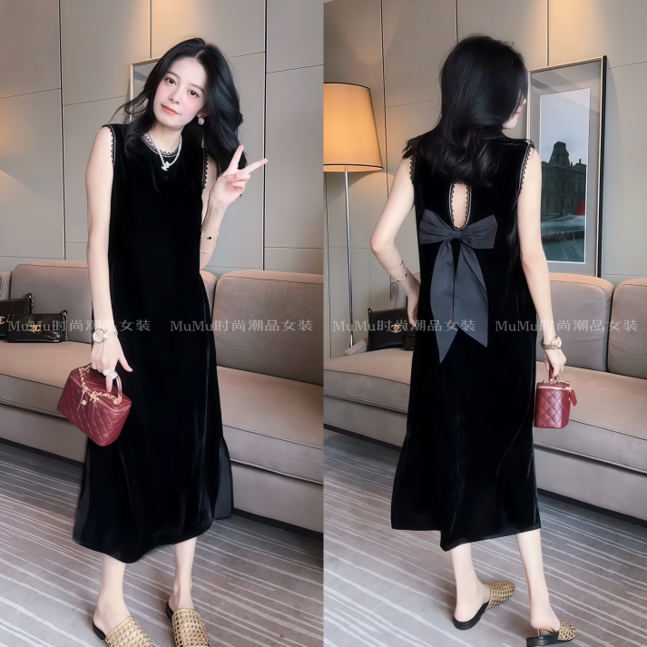 法式镂空蝴蝶结无袖连衣裙