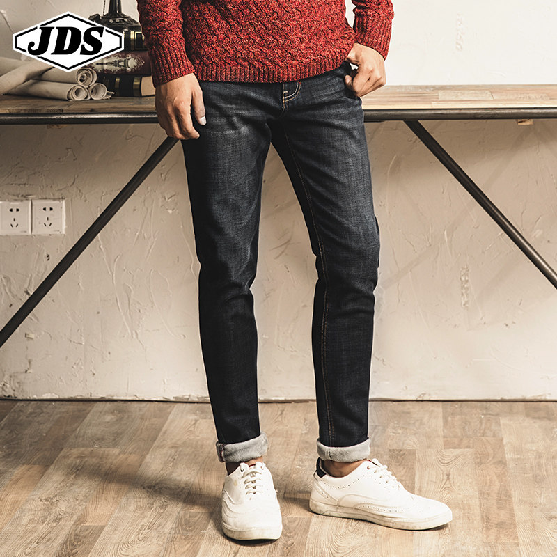 冬季加绒加厚牛仔裤男直筒修身弹力牛小脚裤保暖潮流男士长裤帅气