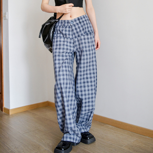 本相织物原创设计夏季格子宽松阔腿中低腰休闲裤显瘦百搭弯刀裤