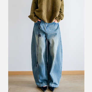 本相织物复古辣妹浅蓝男女宽松做旧阔腿水洗垂感直筒修身牛仔裤