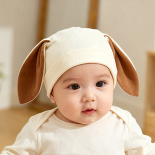 初生婴儿帽子秋冬可爱兔耳朵保暖纯棉无骨新生儿百天超萌护耳胎帽