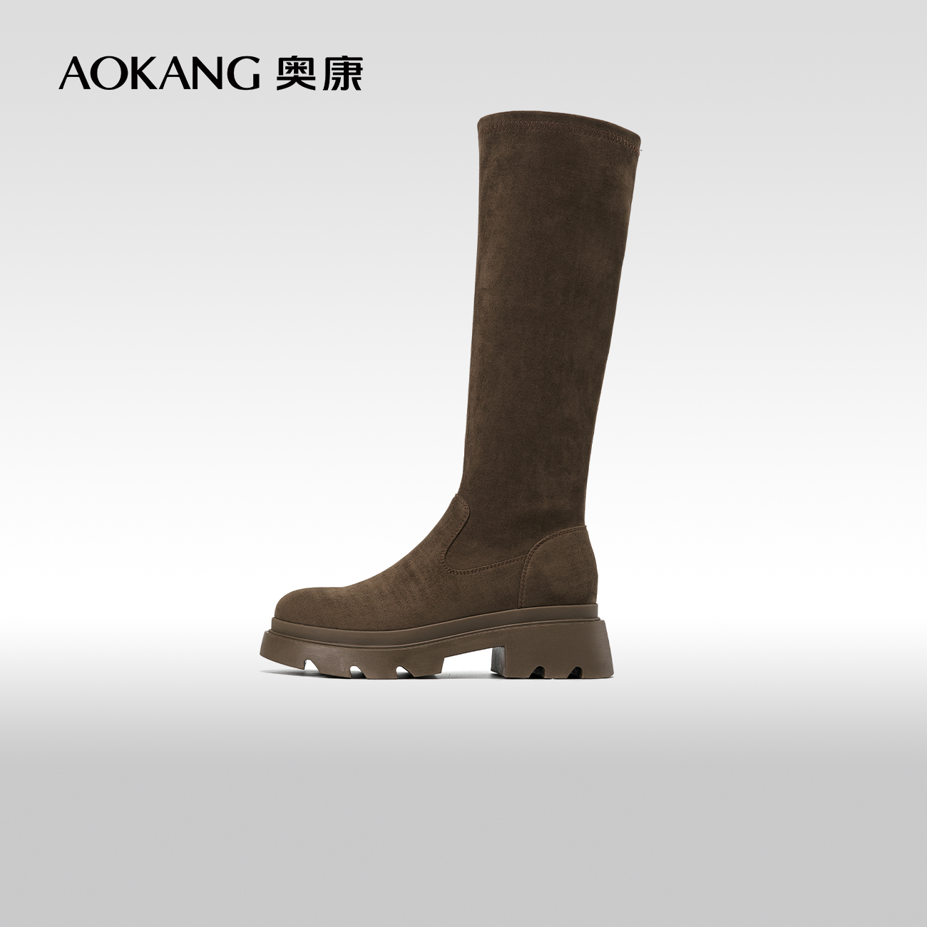 奥康女鞋 冬季新款长筒靴子弹力瘦瘦靴厚底粗跟高筒复古黑色