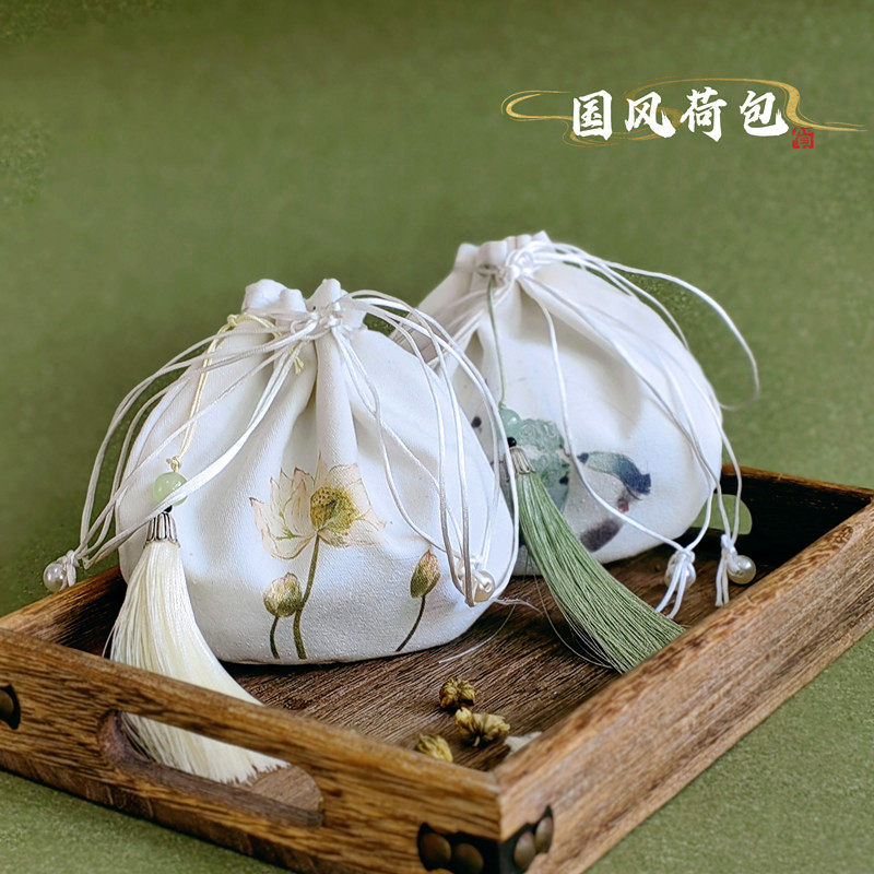 中国风文艺迷你古风印花荷包流苏小香包挂件香囊汉服配饰锦囊空袋