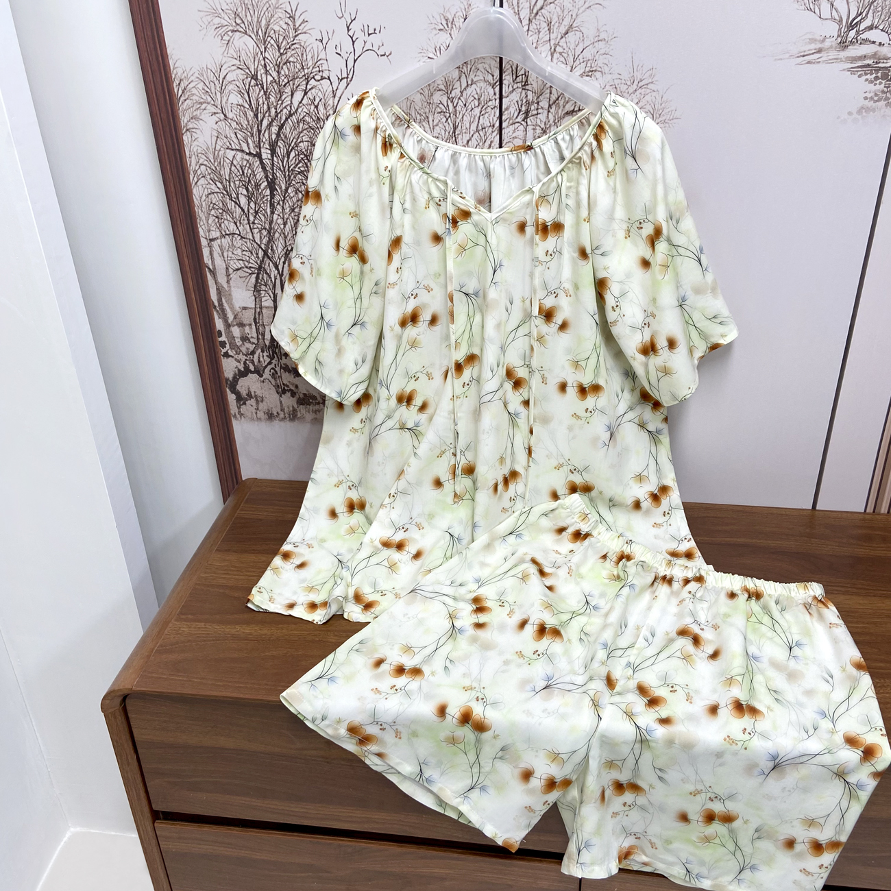 选色定做女士睡衣短袖套装宽松棉绸家居服大码薄款慵懒风可外穿夏