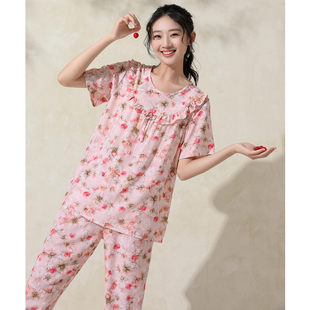 裁缝店定做新款佰汇福棉绸睡衣女士可外穿夏季家居服短袖长裤套装