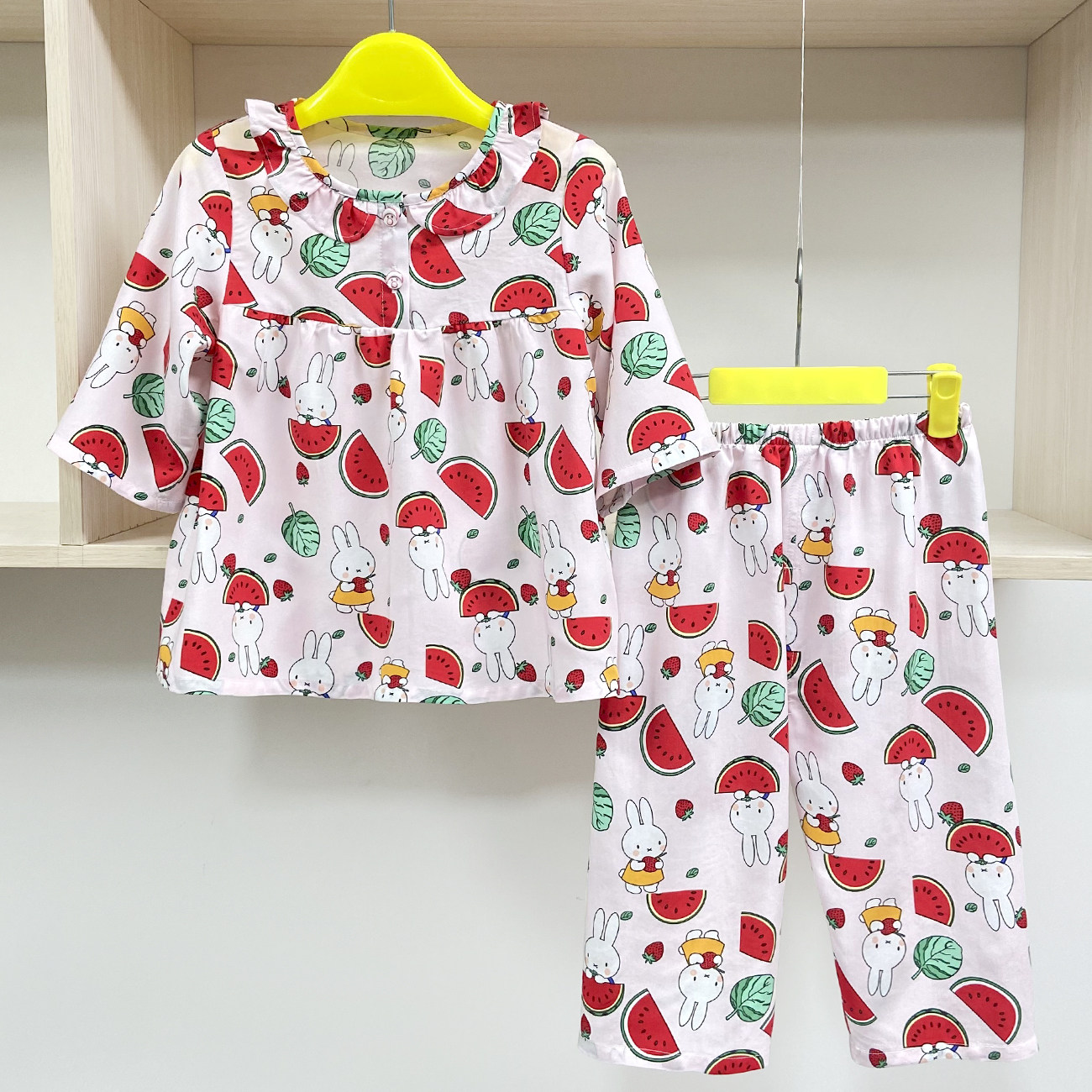 现货定做女宝棉绸睡衣儿童套装女童女孩花边领可爱家居服空调服夏
