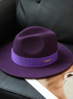 高级感老钱风深紫色羊毛帽子女时尚休闲礼帽英伦风复古毛呢帽子潮