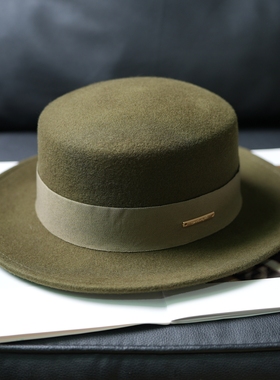 复古军绿色羊毛帽子女秋冬高贵紫色羊毛呢平顶平沿礼帽英伦平顶帽