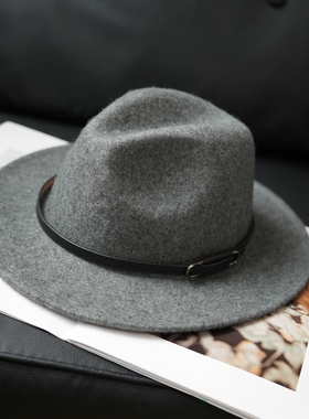 复古烟灰色菲朵拉爵士帽纯羊毛英伦帽宽檐礼帽百搭秋冬帽子潮毡帽