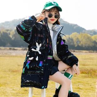 法国Fad Cardin女童羽绒服冬装2023新款中大童中长款亮面加厚外套