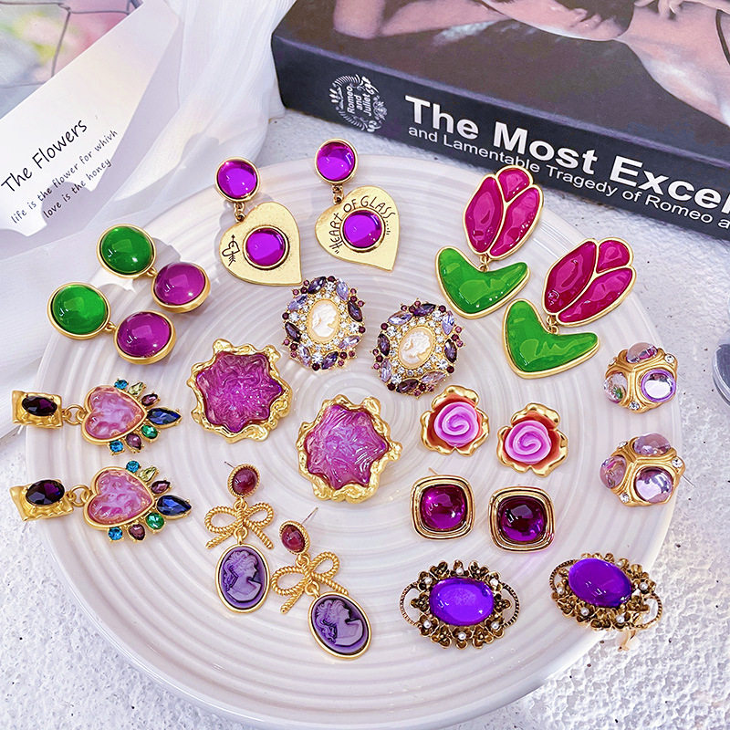 中古浪漫紫色耳钉女感几何耳环2025年新款法式花朵气质耳饰女,饰品/流行首饰/时尚饰品新,耳环,淘宝优惠券,粉丝福利购,淘宝优惠卷