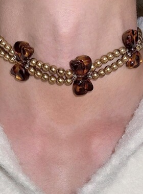 辣妹美式复古小众设计珍珠颈链豹纹蝴蝶结双层项链Choker女锁骨链