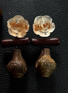 中古Monies天然沉香木花瓶手工耳环秋冬晕染咖色花朵耳饰925银针