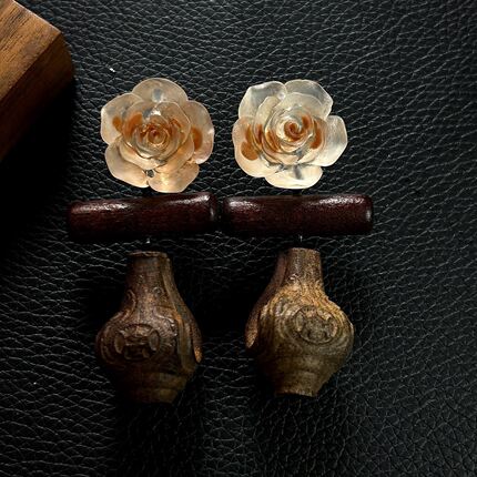中古Monies天然沉香木花瓶手工耳环秋冬晕染咖色花朵耳饰925银针