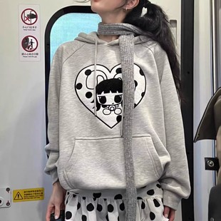小众亚文化卡通波点爱心刺绣连帽宽松卫衣女秋冬保暖加绒美式上衣